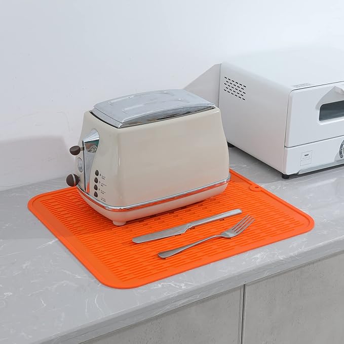 Silicone Dish Drying Mat for Multiple Usage,Easy clean,Eco-friendly,Heat-resistant Silicone Mat for Kitchen Counter or Sink,Refrigerator or Drawer Liner Orange XL 18 inches x 16 inches