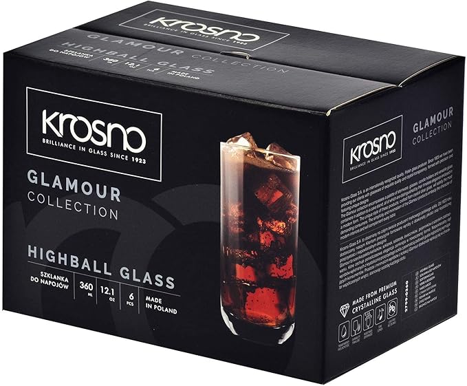 Krosno Long Tall Water Juice Mojito Drinking Glasses, Set of 6 Highball Glasses, 12.1 oz, Glamour Collection, Lead-Free Crystal Glass Drinking Glasses, Water Glasses, Made in Europe