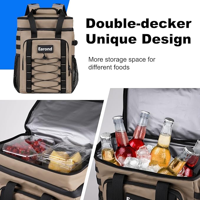25L Insulated Cooler Backpack with Waterproof Zipper & Multi-Compartment Design Leakproof Lunch Bag for Beach, Camping, Office - Spacious Thermal Light-Weight Backpack for Men and Women-Khaki