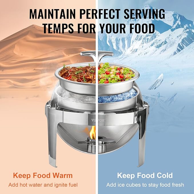 VEVOR Roll Top Chafing Dish Buffet Set, 6 Qt 2 Pack, Stainless Steel Chafer with 2 Full Size Pans, Round Catering Warmer Server with Lid Water Pan Stand Fuel Holder, for at Least 5 People Each