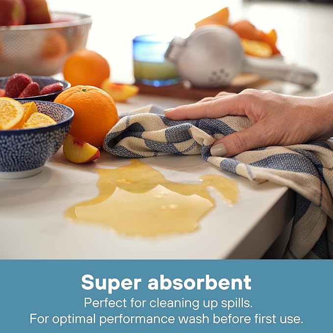 MEEMA Kitchen Towels and Dishcloths Sets of 4 | Large 18 x 28 Inch | Upcycled Cotton Tea Towel | Super Absorbent Cotton Dish Towels for Kitchen | Blue Stripes | Hand Towels