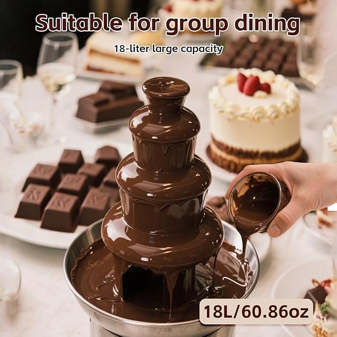 Chocolate Fountain Machine – Electric Stainless Steel Fondue Fountain, 4-Tier, 4-Pound Capacity for Chocolate, Candy, Butter & Cheese, Heated Bowl & Dual Controls