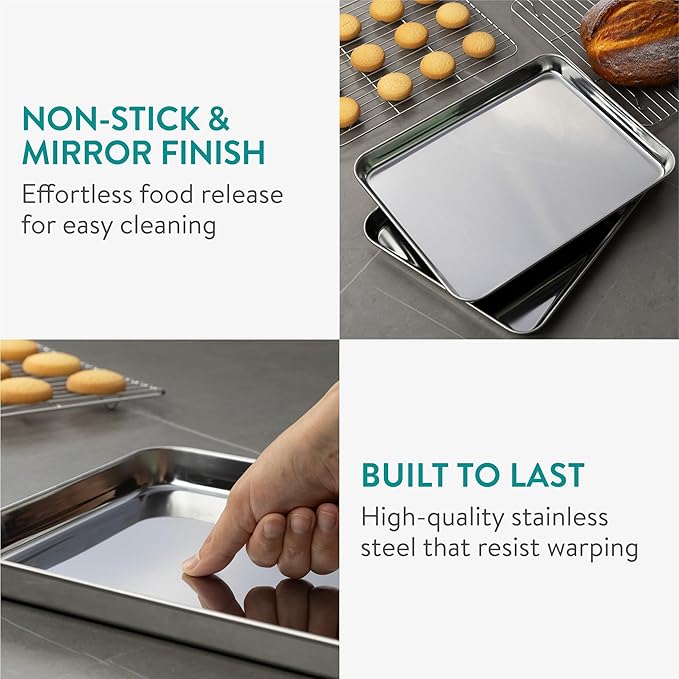Navaris Quarter Sheet Baking Pan Breading Trays w Racks - Stainless Steel Baking Sheet with Wire Rack Insert for Oven Cooking - Cookie Bacon Tray - Set of 4 12.2X 9.4” (31x24cm)