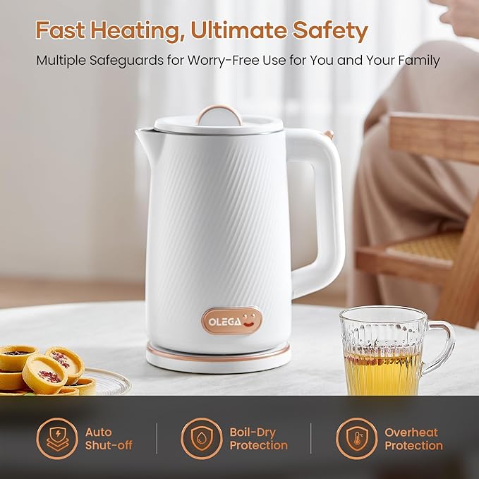OLEGA Electric Kettle - 1500W Electric Tea Kettle 1.8L Stainless Steel Inner Electric Kettles for Boiling Water Auto Shut Off Boil-Dry Protection Electric Water Kettle for Coffee Tea White