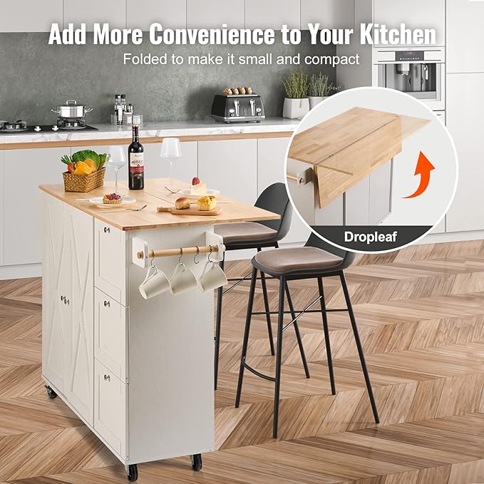 VEVOR Kitchen Island Cart with Solid Wood Top, 35.4" Width Mobile Carts with Storage Cabinet, Rolling Kitchen Table with Spice Rack, Towel Rack, Drop Leaf and Drawer, Portable Islands on Wheels, White