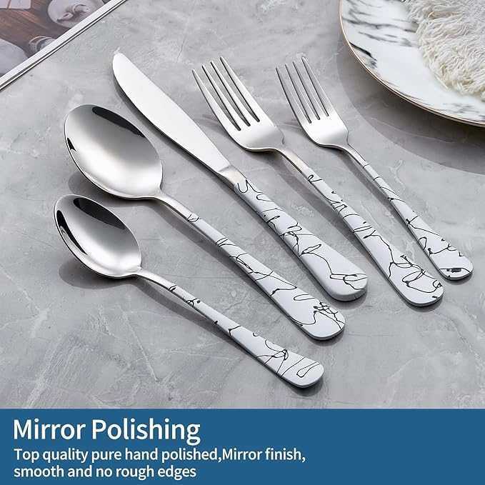 20-Piece White Silverware Set with White Handle 18/0 Stainless Steel Flatware Marbling Handle Cutlery Black Service for 4 Dinner Knives Forks Spoons Set Finish Dishwasher Safe