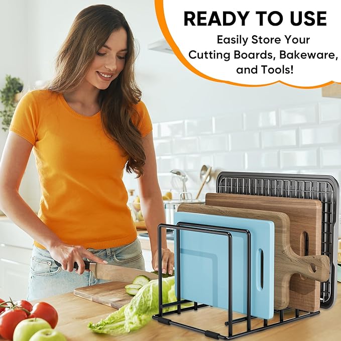 Baking Sheet Organizer Rack – 5-Slot Bakeware & Cookie Tray Holder for Kitchen Cabinet or Countertop, Compact Stainless Steel Cutting Board Rack with Rust-Resistant Frame & Anti-Slip Feet