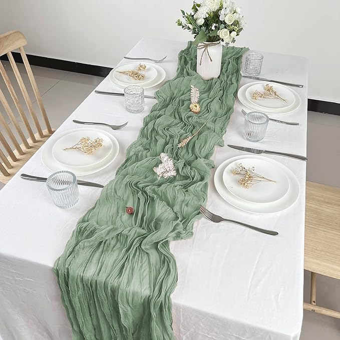 12 Pcs Sage Green Cheesecloth Table Runner 13ft Boho Gauze Cheesecloth Table Runner 160 inch Long for Christmas Wedding Bridal Baby Shower Birthday Table Decorations