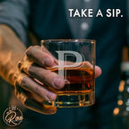 On The Rox Drinks (P-Monogram)- 4 Piece Set of 11 Ounce Engraved Heavy Base Rocks Glasses Elegant Glass-Multi-Purpose Beverage-Rocks Glass- Gift for any Occasion