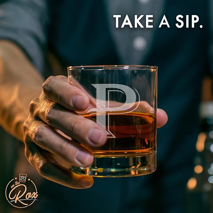 On The Rox Drinks (P-Monogram)- 4 Piece Set of 11 Ounce Engraved Heavy Base Rocks Glasses Elegant Glass-Multi-Purpose Beverage-Rocks Glass- Gift for any Occasion