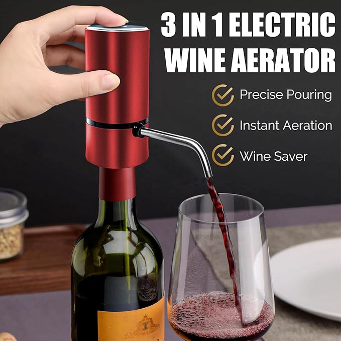 Electric Wine Dispenser, Aerator, Pourer & Vacuum Wine Pump, Portable One Button Automatic Wine Aerator for Quick decanting, Improving Wine Taste & Aroma, Gifts for Men & Women Wine Lovers (Red)