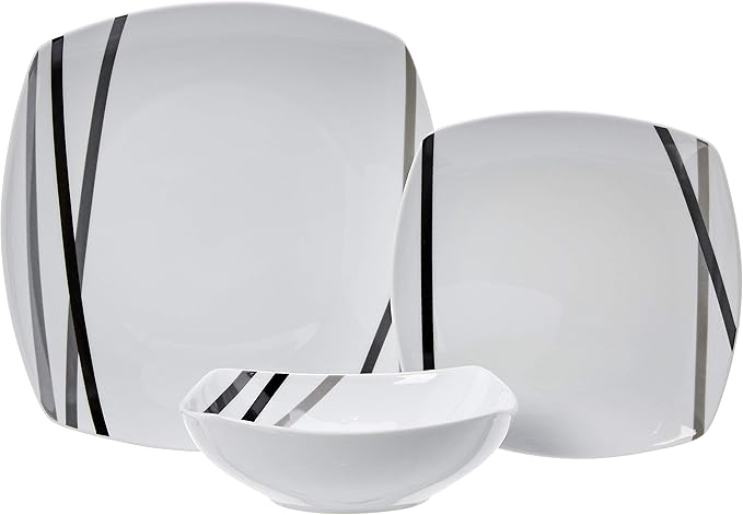Amazon Basics 18 Piece Kitchen Dinnerware Set - Square Plates, Bowls, Service for 6 - Modern Beams