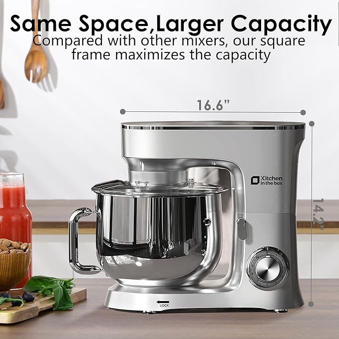 Kitchen in the Box Stand Mixer, 900W 8.5 QT Kitchen Electric Mixer, 10-Speed Large Capacity Tilt-head Food Mixer with Dough Hook, Wire Whip, Flat Beater & Splash Guard (Silver)