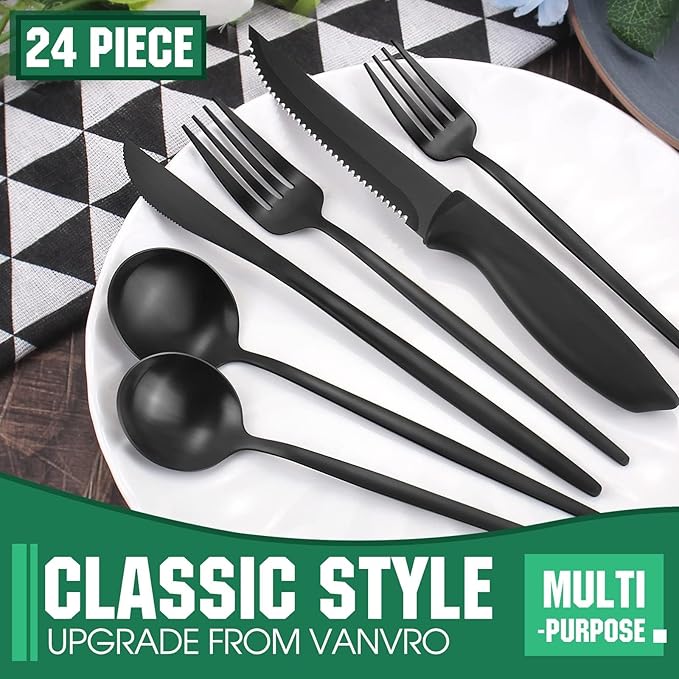 24 Pieces Matte Black Silverware Set with Steak Knives,Satin Finish tableware Cutlery Set for Home and Restaurant,Matte Knife Spoon and Fork Sets Service for 4,Dishwasher Safe