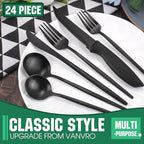 24 Pieces Matte Black Silverware Set with Steak Knives,Satin Finish tableware Cutlery Set for Home and Restaurant,Matte Knife Spoon and Fork Sets Service for 4,Dishwasher Safe