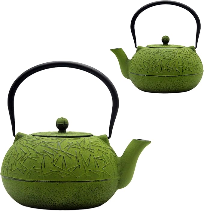 YJX 60.9oz Large Cast Iron Teapot, Big Tea Kettle for Stovetop Safe, Green Cast Iron Kettle Teapot with Stainless Steel Infuser for Loose Tea and Tea Bags(1800ml)