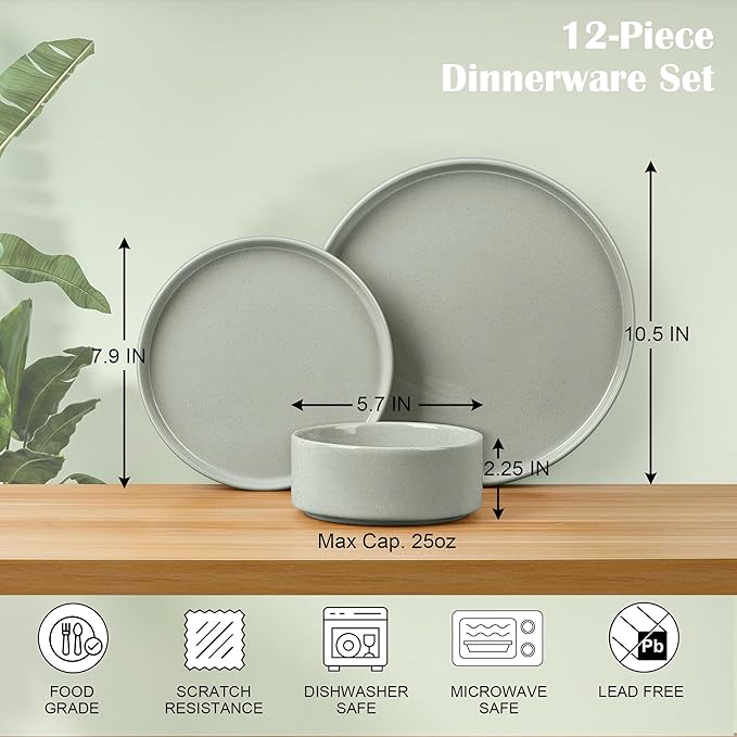 E-far Stoneware Dinnerware Sets, 12-Piece Plates and Bowls Dish Set for 4, Kitchen Modern Dinning Ware, Chip and Scratch Resistant, Microwave & Dishwasher Safe, Speckled Green