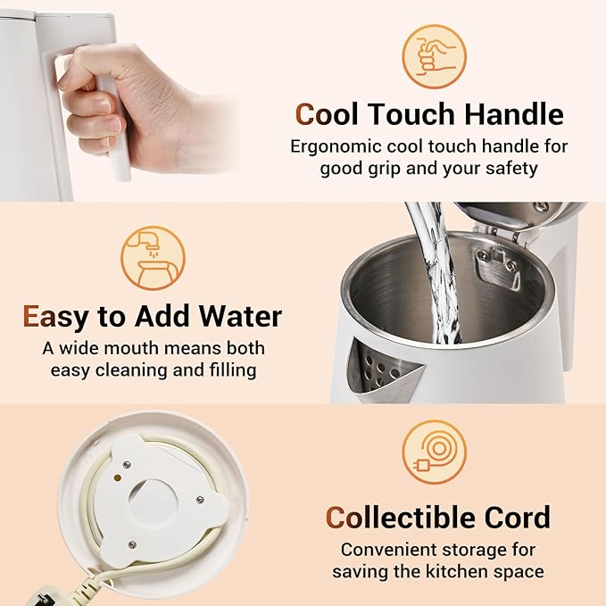 1.2L Double Wall Stainless Steel Interior Water Boiler, Cordless, 1000W Fast Boil with LED Light Coffee Pot & Tea Electric Kettle, Auto Shut-Off and Boil-Dry Protection (Checkerboard)