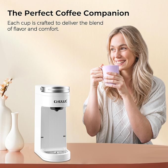 CHULUX Slim Single Serve Coffee Maker for K Pod, One Cup Coffee Maker Fits 7.3" Travel Mugs, Coffee Machine with 6 to 12oz Brew Sizes, Pearl White