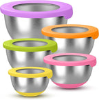 Stainless Steel Mixing Bowls with Lids – Set of 5 Large Nesting Metal Bowls for Kitchen, Baking, Cooking, Food Prep & Storage, Non-Slip Base, Dishwasher Safe, Multicolor