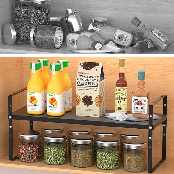 Expandable Stackable Spice Rack Cabinet Shelf Organizer in Cabinets Shelves Kitchen Cupboard Organization Stack up Racks Pantry Countertop Storage Medium/Black 2 Packs