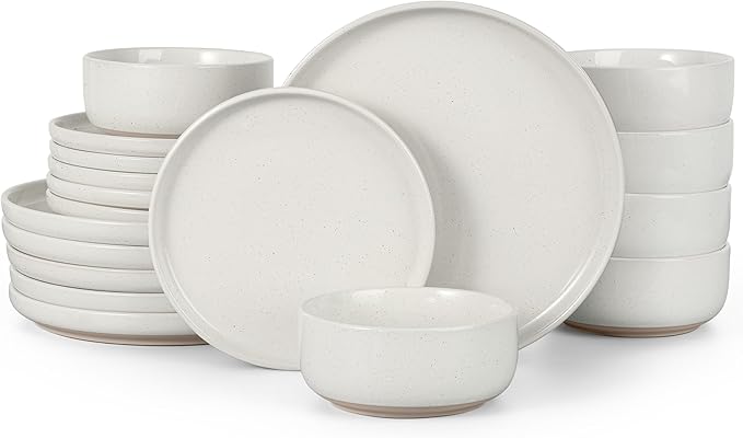 HaWare Stoneware Dinnerware Sets, 18-Piece Plates and Bowls Set for 6, Dishes Set for Home Restaurant, Speckled Milky White