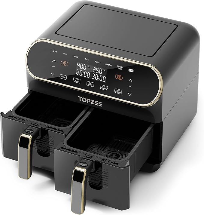 8 QT Large Air Fryer, Dual Basket Airfryer with Easy View Windows, Preheat, Air Fry, Roast, Broil, Bake, Dehydrate, 2 Independent 4 QT Nonstick Dishwasher Safe Baskets, w/Glod Border