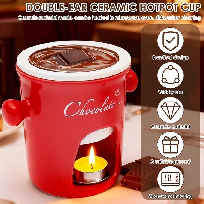 Chocolate Fondue Mug with Fork, 280ml Ceramic Chocolate Fondue Cup Set, Chocolate Melting Mug, Great for Cheese, Butter - Date Nights, Birthdays, Anniversary, Weddings (Red)