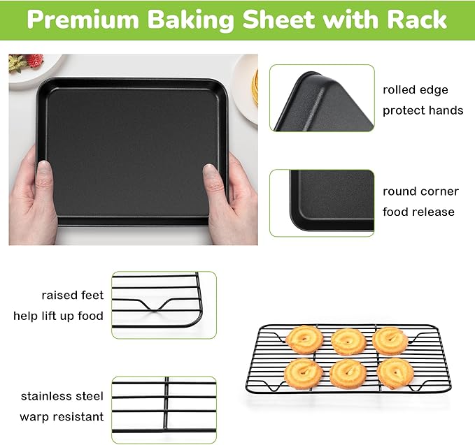 E-far Toaster Oven Pan with Rack Set, 10.5 x 8 x 1 Inch Nonstick Small Cookie Baking Sheet with Cooling Rack, Non-Toxic & Easy to Clean