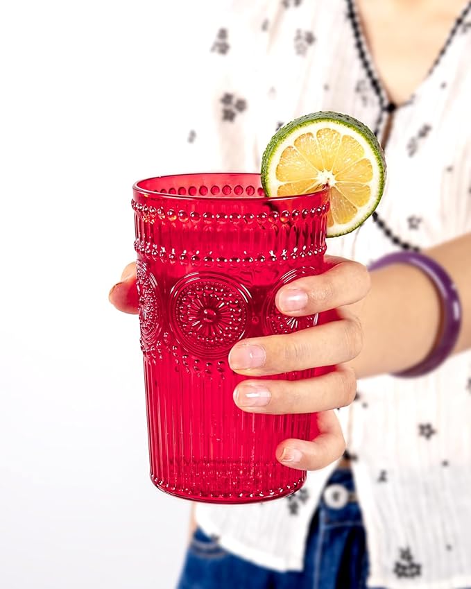 Ciaell 12 Pack Romantic Plastic Water Glasses - 14 Oz Red Vintage Drinking Glasses, Embossed Ribbed Plastic Cups, Textured Striped Set for Juice, Beverages, Beer, Cocktail, Christmas