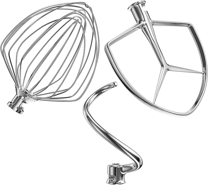 Stainless Steel Stand Mixer Attachments 3-Piece (7QT Flat Beater, 7QT Dough Hook, 7QT 9-Wire Whip Attachment) for KitchenAid Lift Stand Mixer and 7 Quart Bowl, Dishwasher Safe