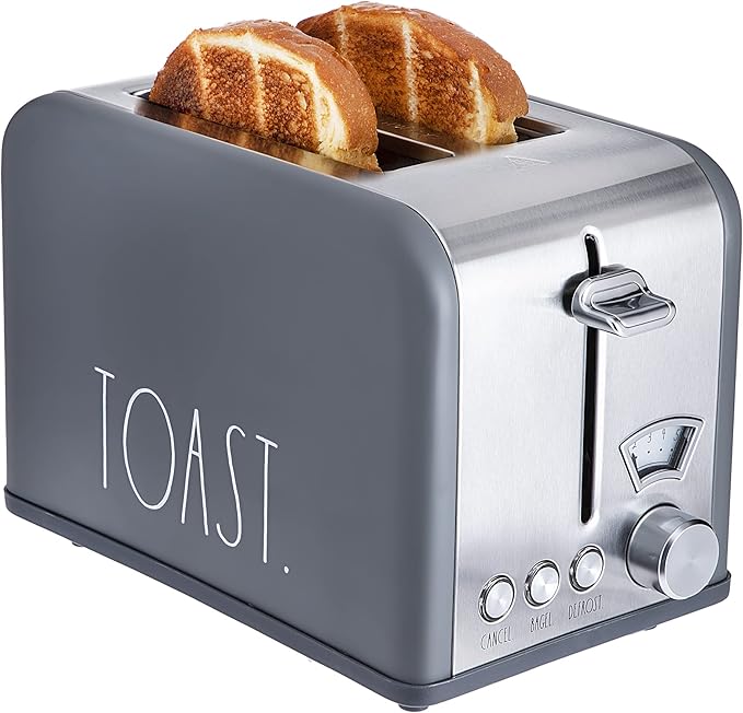 Rae Dunn Toaster, Stainless Steel 2 Slice Square Toaster, Wide Slot with 5 Browning Levels, with Bagel, Defrost and Cancel Options (Grey)