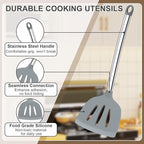8 PCS Cooking Utensils Set, Vayvnt Silicone Kitchen Spatula Set for Cooking, Non Toxic Silicone Kitchen Utensils with Stainless Steel Long Handle, Spoon and Tong, Heat Resistant&Dishwasher Safe, Gray