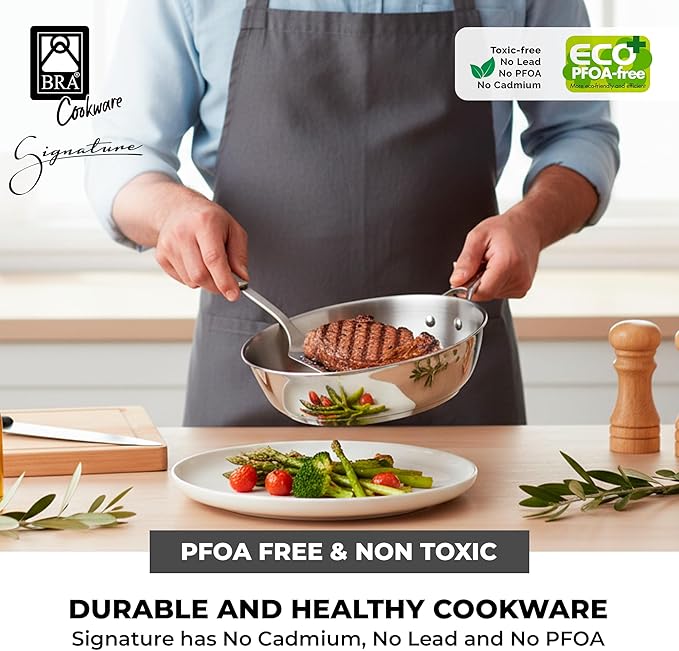 BRA COOKWARE Signature Deep Frying Pan | 8 inches Professional High Skillet | Stainless Steel Deep Frying Pan | All Stovetop Compatible | PFOA Free | w/o Non-Stick Coating | Polished Finish