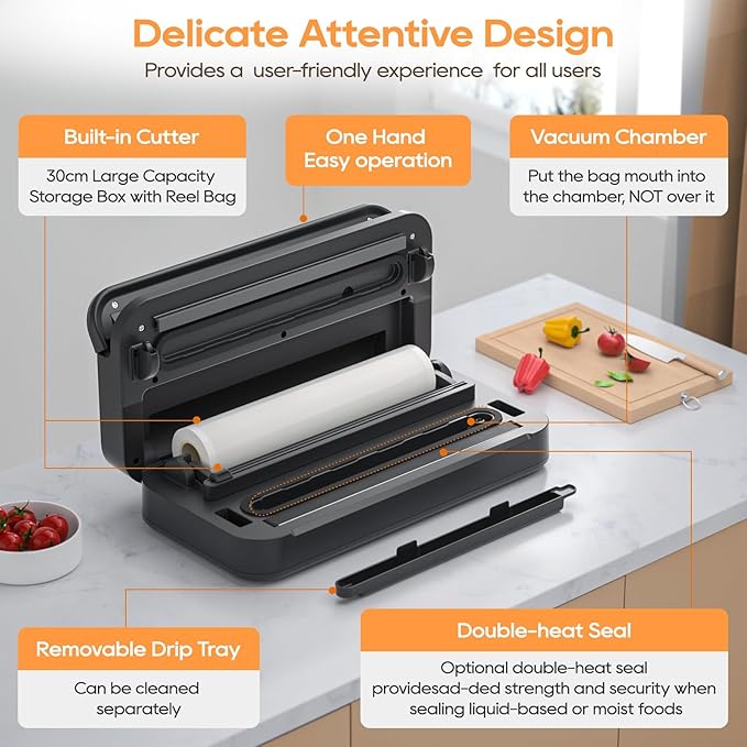 2025 Updated Stylish design Precision Vacuum Sealer Machine Pro for Food Saver, Concealed Handle 90Kpa Vacuum Sealers for Sous Vide,Liquid Food/Build with Cutter/Large Bag Storage/2 Bag Rolls