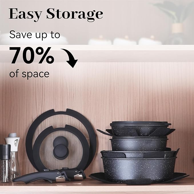 15PCS Pots and Pans Set Non Stick, Kitchen Cookware Sets with Detachable Handle, Ceramic Cookware Sets, Non Stick RV Cookware Cooking Set, Dishwasher ＆ Oven Safe, PFOA Free, Black