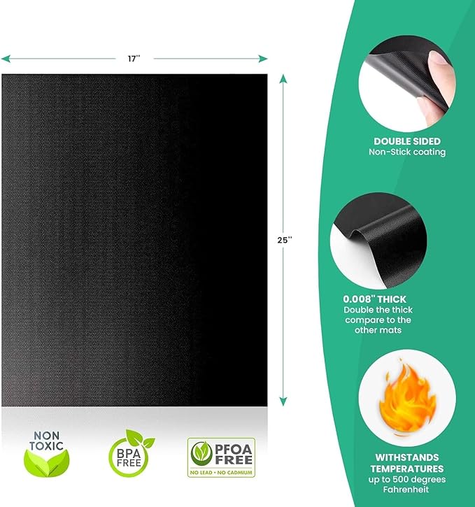 Large Heavy Duty Oven Liner (2 Pack) - 17” x 25” Non-Stick Teflon Reusable Liner for Electric Gas Toaster Ovens Grills - BPA & PFAS Free Kitchen Accessory to Keep Oven Clean