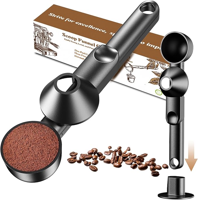 Coffee Scoop with Funnel for Ground Coffee, Protein Powder & Tea, for Reusable K-Cup Refiller, 2TBSP Mess-Free, Funnel Design Prevents Spills (Black, 1-Pack)