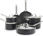 GreenPan x Bobby Flay Hard Anodized Nonstick 10 Piece Cookware Set, PFAS-Free Ceramic Pots & Pans, Induction Suitable, Frypans, Saucepans Saute, Stockpot, Glass Lids, Dishwasher & Oven Safe, Black