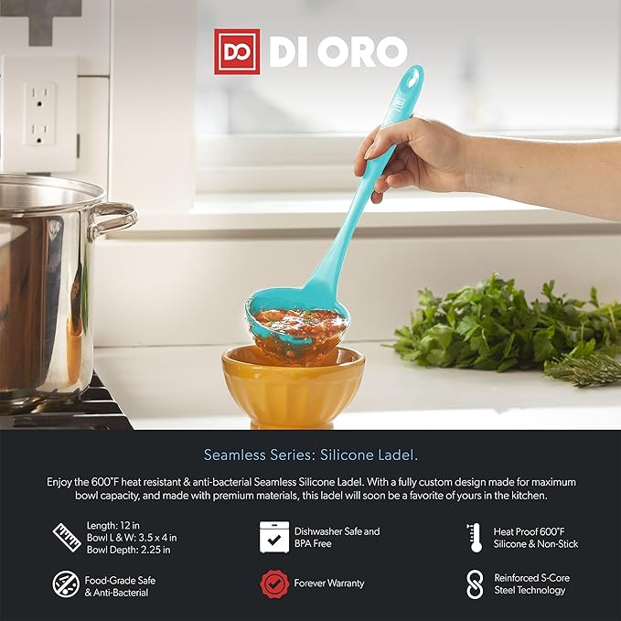 DI ORO Silicone Ladle - Heat-Resistant Large Kitchen Soup Spoon for Cooking & Serving - Nonstick Cookware Safe With Wide Bowl - Dishwasher Safe Utensil (Teal)