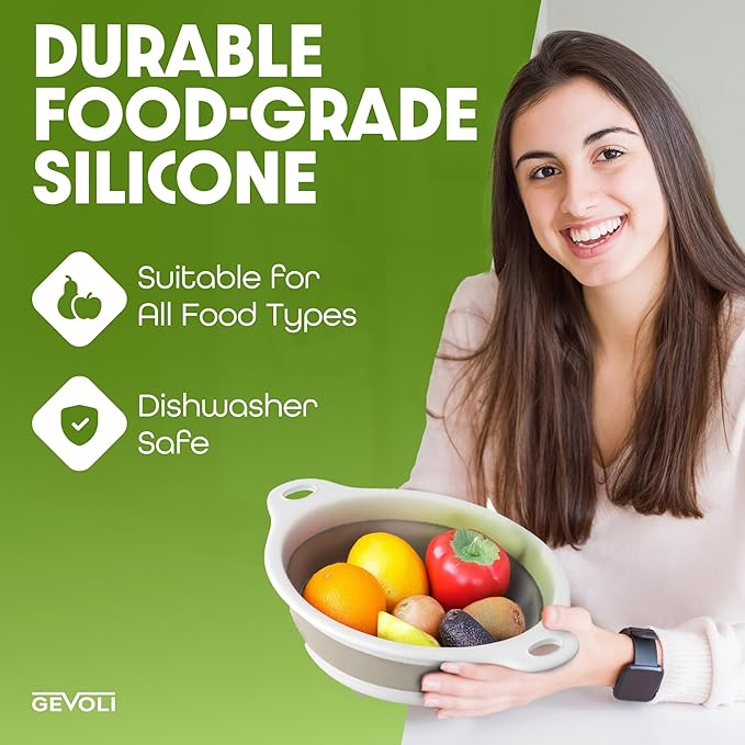 Collapsible Colanders (2 Pack Set) Food Strainers with Over-Sink Water Draining Base for Pasta Fruits and Vegetables (4 and 5 Quart) - White Beige