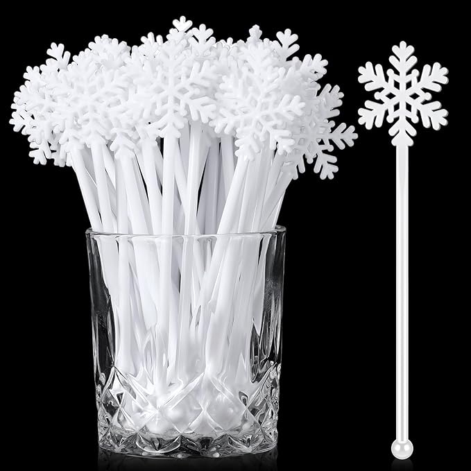 Chengu 100 Pcs Christmas Drink Stirrers Xmas Stir Sticks Bulk Holiday Coffee Stirrers Plastic Swizzle Stick Hot Cocoa Bar Supplies Chocolate Decoration Reusable Cocktail Mixer(White Snowflake)