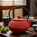 30.4oz Small Cast Iron Teapot, Tea Kettle for Stovetop Safe Coated with Enameled Interior, Red Japanese Tetsubin, Tea Pot with Stainless Steel Infuser for Loose Tea(900ml)