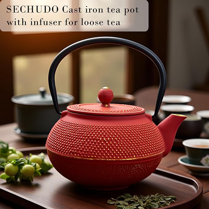 30.4oz Small Cast Iron Teapot, Tea Kettle for Stovetop Safe Coated with Enameled Interior, Red Japanese Tetsubin, Tea Pot with Stainless Steel Infuser for Loose Tea(900ml)