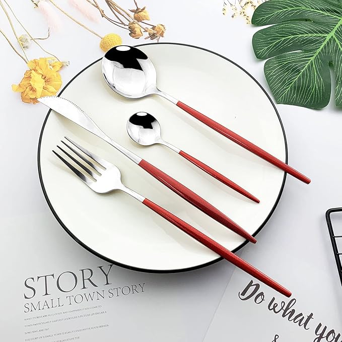 JASHII Flatware Serving Set 24 Piece, Stainless Steel Silverware Set, Red Silver Cutlery Set, Modern Elegant Tableware Set for Party, Christmas, Dinner (Red Silver)