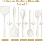 TeamFar Silicone Cooking Utensils Set of 5, Kitchen Utensils Solid & Slotted Spoons Turners Pasta Server for Nonstick Cookware, Healthy & Heat-Resistant, Seamless & Non-Scratch, Dishwasher Safe, White
