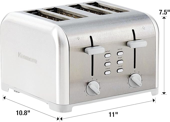Kenmore Toaster 4 Slice - Extra Wide Slot Countertop Kitchen Appliance, Defrost Function, Grille-Pain, 9 Shade Settings, Compact Design, Easy Clean Crumb Tray, Bread Bagel, Stainless Steel & White