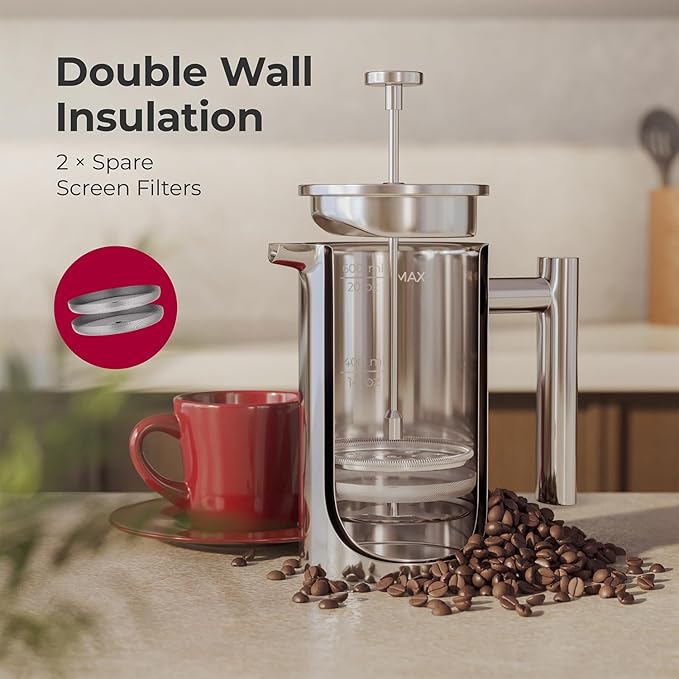 MuellerLiving French Press Coffee Maker 20oz, Stainless Steel French Press Coffee, 4 Filter Heat Resistant Double Insulated, Rust-Free, Food Grade, Dishwasher Safe Coffee Pot