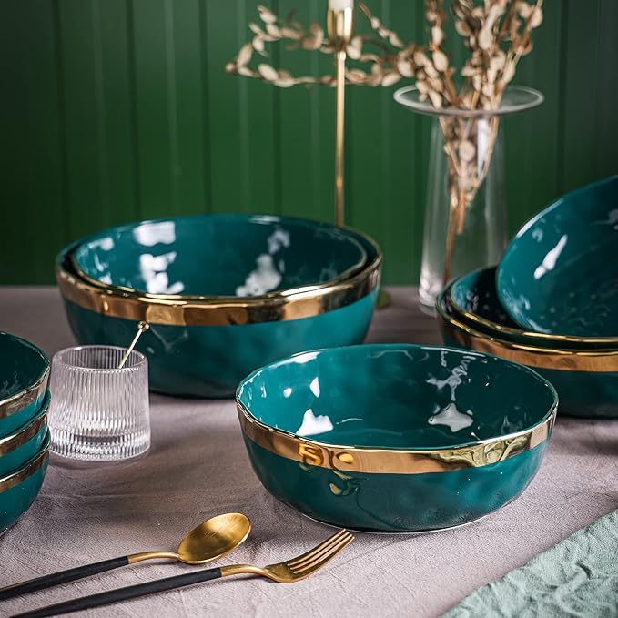 Stone Lain Florian Porcelain 3-Piece Round Bowl Service Set, Green with Gold Rim