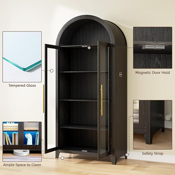 Arch Storage Cabinet with Tempered Glass Door, 71” Arched Display Floor Cabinet, 5 Tier Farmhouse Buffet with Storage for Dining Room, Living Room, Home Office or Kitchen(Black)